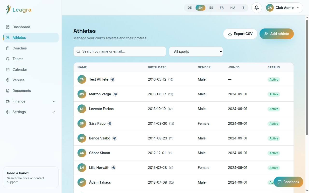 Athlete roster screenshot